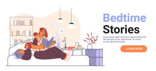 Family reading bedtime stories cozy home evening living room with bookshelves sofa children parent warm lighting plants modern decor website banner