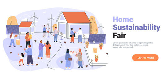 Home sustainability fair eco event people discussing renewable energy wind turbines solar panels community outdoor scene modern flat website banner