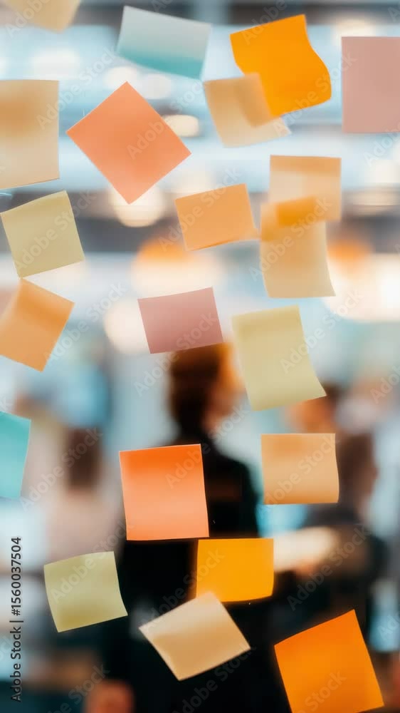 Poster Colorful sticky notes are hanging on a glass wall, creating a visual representation of brainstorming, idea generation, and project planning in a dynamic office environment