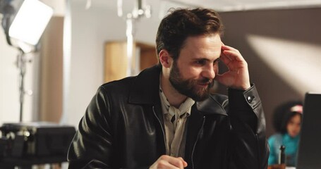 Stress, frustrated and man with laptop for creative photoshoot, project and issue. Producer, error and exhausted director with research for magazine catalogue, editing and anxiety backstage in studio