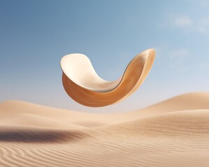 A curved chair floating above a desert landscape with a clear blue sky in the background scene design