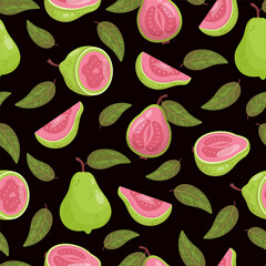 Seamless Pattern Guava Fruit Tree on Black Background with leaves. Vector illustration