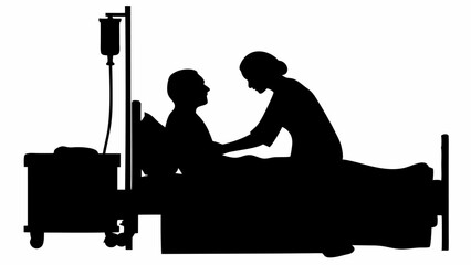 Silhouette of nurse attending to patient in hospital bed with iv drip stand providing medical care and support