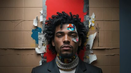 Standing man in turtleneck blinking lowering chin in studio camera pulling back with face collage - Powered by Adobe