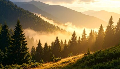 Layered mountain forest in dawn fog, golden haze spilling over ridges, illuminating outlines of spruce and wild grass 