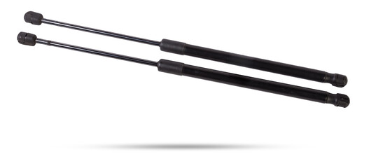 A pair of black metal hood shock absorbers with chrome elements - detail of a car mechanism on a...