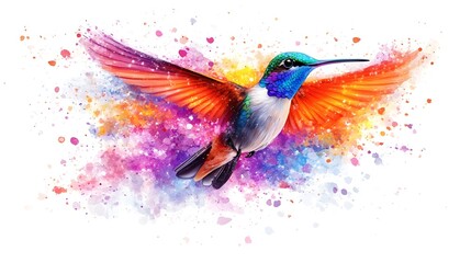 Colorful hummingbird in flight, vibrant watercolor splash background, design element