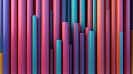 Vibrant abstract background with colorful vertical cylinders. A 3D rendered pattern featuring pink, blue, and purple metallic rods creating a dynamic surface.