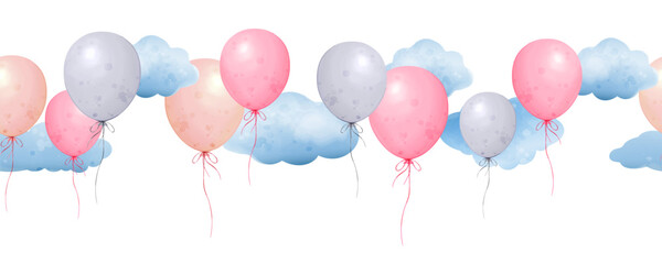 Cute seamless border with clouds and air Balloons in watercolor style. Hand drawn illustration in pastel colors. Pattern for baby shower, birthday, party, wrapping paper, textile design.