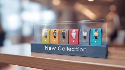 Blurred image of a shopping mall with clean white text “New Collection” promoting latest fashion updates or retail display.