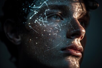 Celestial patterns light up a young man's face in surreal art