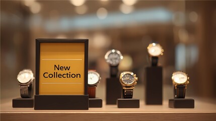 Blurred image of a shopping mall with clean white text “New Collection” promoting latest fashion updates or retail display.