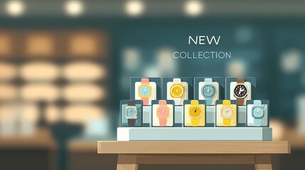 Blurred image of a shopping mall with clean white text “New Collection” promoting latest fashion updates or retail display.
