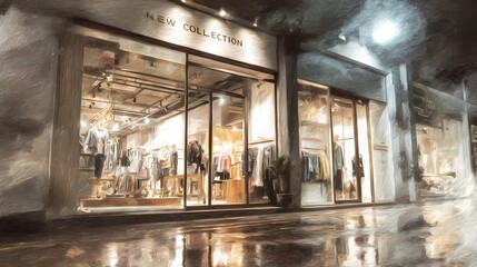 Blurred image of a shopping mall with clean white text “New Collection” promoting latest fashion updates or retail display.