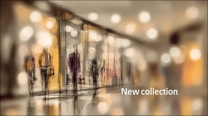 Blurred image of a shopping mall with clean white text “New Collection” promoting latest fashion updates or retail display.