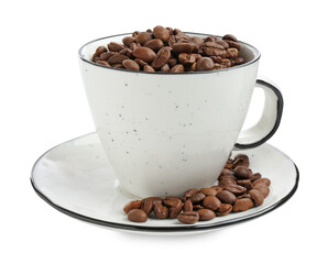 Ceramic cup with roasted coffee beans isolated on white