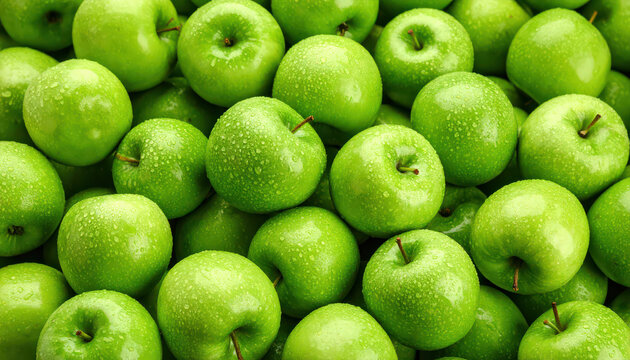 Many ripe juicy green apples covered with water drops as background