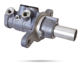 Color metal brake master cylinder for repair and replacement on a car in a workshop on a white isolated background. Spare parts catalog for cars.