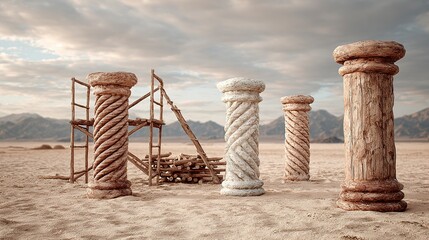 Construction site mockup showing foundation work, scaffolding, and vertical rebar columns in a detailed render --chaos 100  