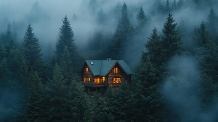 Fototapeta premium Aerial View of Cozy Cabin Surrounded by Misty Forest at Night