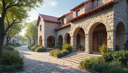 Fototapeta premium Elegant stone house with archways surrounded by greenery in sunshine 
