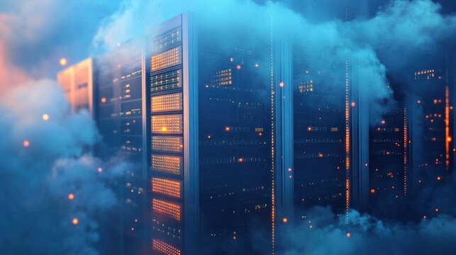 Server racks in a mystical cloud