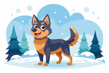 Adorable cartoon illustration of a fluffy white puppy with a red bow and scarf sitting inside a festive red holiday cup 