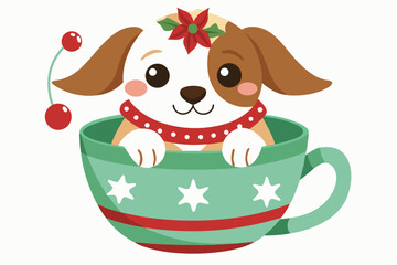 Adorable cartoon illustration of a fluffy white puppy with a red bow and scarf sitting inside a festive red holiday cup 