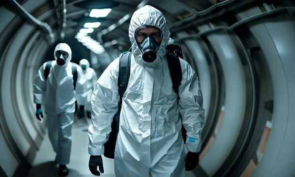 Person in protective suit and respirator walks through tunnel.