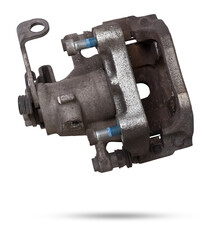 Old metal brake caliper on a white background for replacement during the repair of the chassis or...