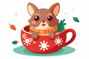 Adorable cartoon illustration of a fluffy white puppy with a red bow and scarf sitting inside a festive red holiday cup 