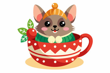 Adorable cartoon illustration of a fluffy white puppy with a red bow and scarf sitting inside a festive red holiday cup 