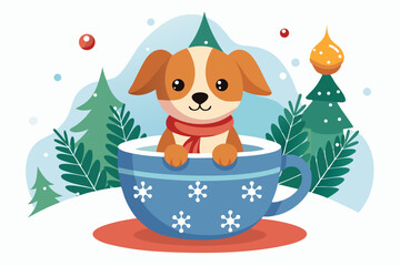 Adorable cartoon illustration of a fluffy white puppy with a red bow and scarf sitting inside a festive red holiday cup 