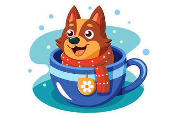 Adorable cartoon illustration of a fluffy white puppy with a red bow and scarf sitting inside a festive red holiday cup 