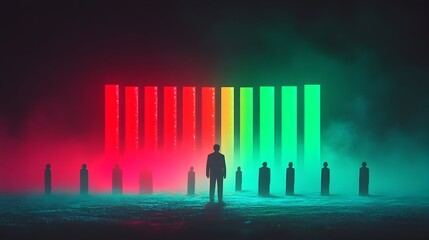 Naklejka premium Man facing neon columns, smoky night, choice, futuristic concept