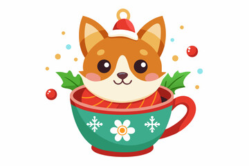 Adorable cartoon illustration of a fluffy white puppy with a red bow and scarf sitting inside a festive red holiday cup 