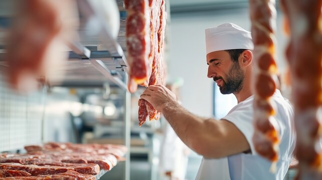 Artisan butcher preparing cured meats in a traditional shop during morning hours