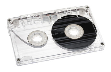 One audio cassette with magnetic tape isolated on white
