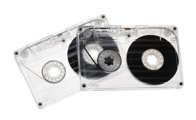 Audio cassettes with magnetic tapes isolated on white