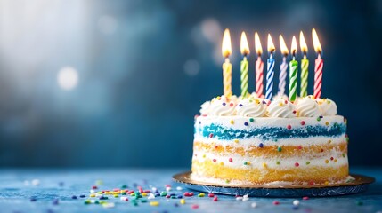 Festive birthday cake with candles, blue background, celebration