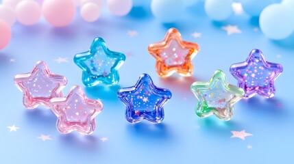 Pastel star resin jewelry on blue background, balloons