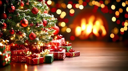 Festive Christmas tree, gifts, fireplace, bokeh lights, holiday card
