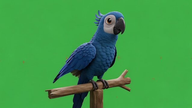 Blue parrot on a branch against a green screen