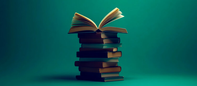 A tall stack of books with an open book on top