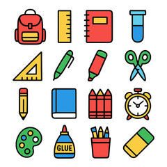 Colorful school supply icons with bold black outlines  