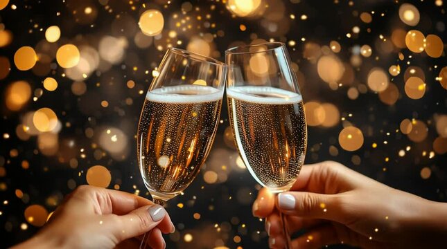 Champagne toast with sparkling wine glasses and golden festive lights, celebration moment, close-up