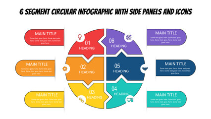 6 Segment Circular Infographic with Side Panels and Icons. Fully editable vector SVG file compatible with PowerPoint, Illustrator, and most vector-based applications.