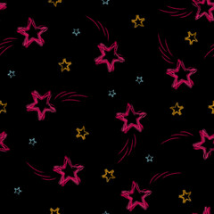 Watercolor star seamless pattern vector. Cute colorful stars on black sky. Beautiful design for fabric, baby dress, child skirt, kid cloth, wrapping, paper, card, print, cover, decor.