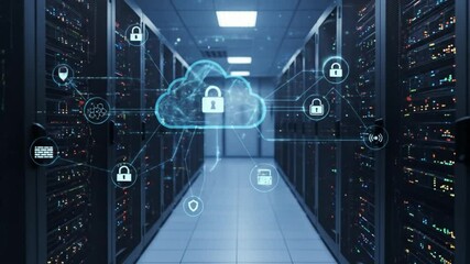 Illuminated server room with cloud security network and connected lock icons in a data center - Powered by Adobe