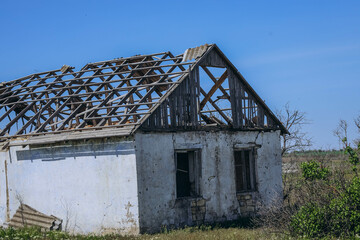House, roof, damage, destroyed, building, village, war, Russians, de-occupied, territory, ruins,...
